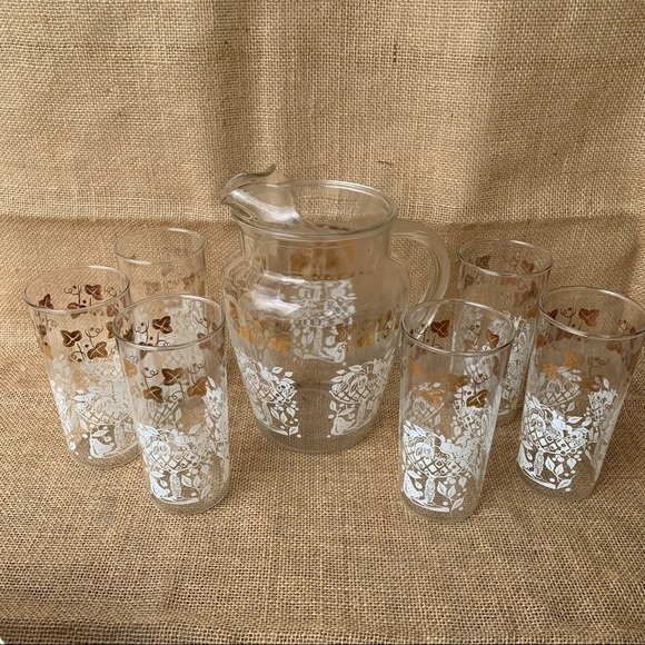 Vintage Other - Vintage Glass Pitcher + Glasses White Fruit Basket Gold Leaves Ice Lip Barware